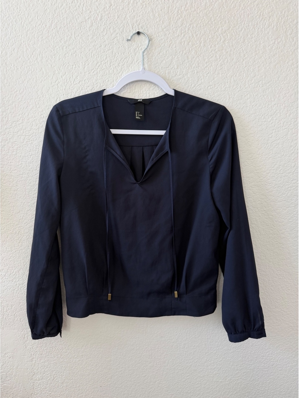 H&M Navy Blue Long Sleeve Blouse with Tie Neck workwear office siren